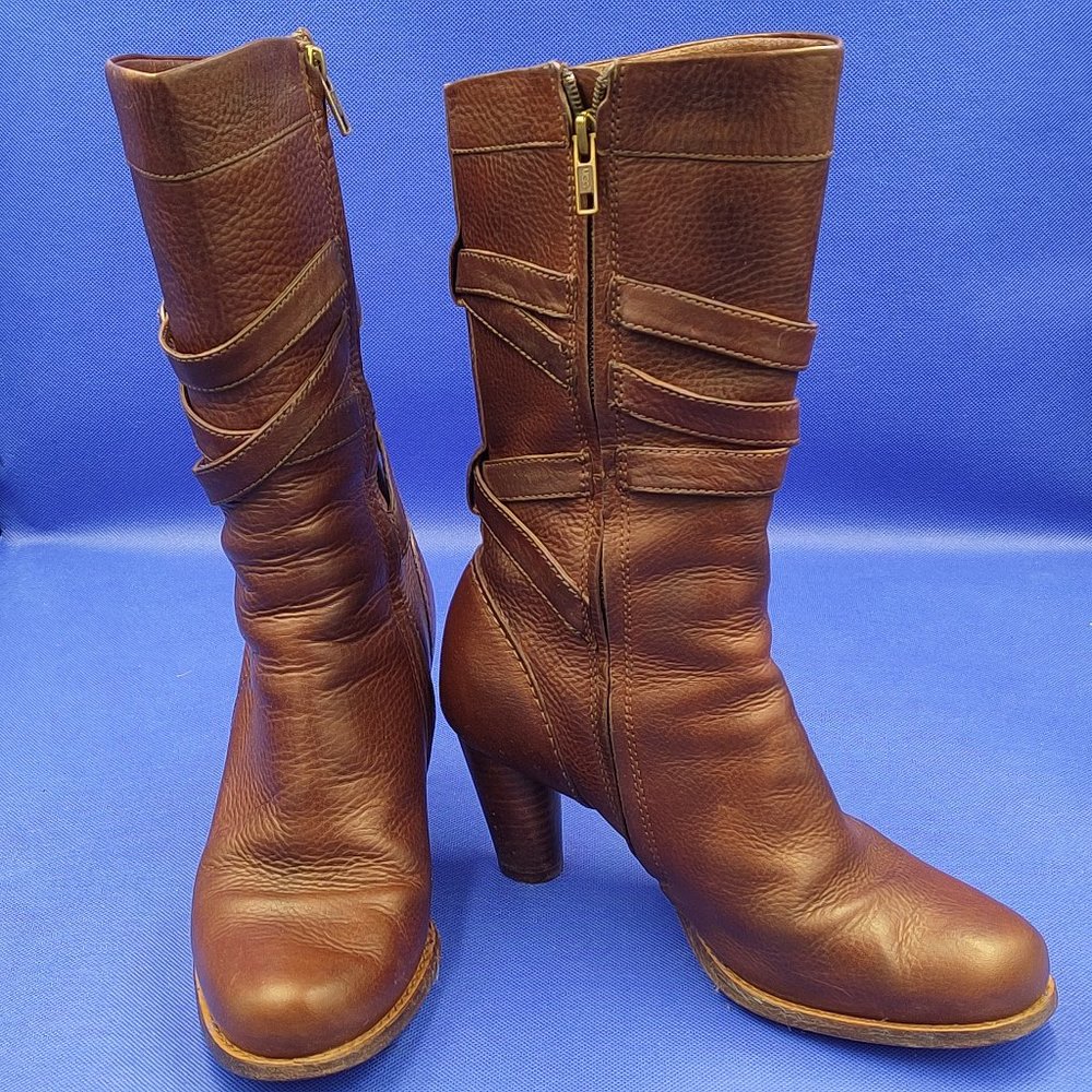UGG AUSTRALIA SN 5454 CAROLINE BROWN LEATHER ZIP MID-CALF BOOTS size US 7